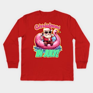 Christmas in July Santa on a Cellphone Pink Flamingo Kids Long Sleeve T-Shirt